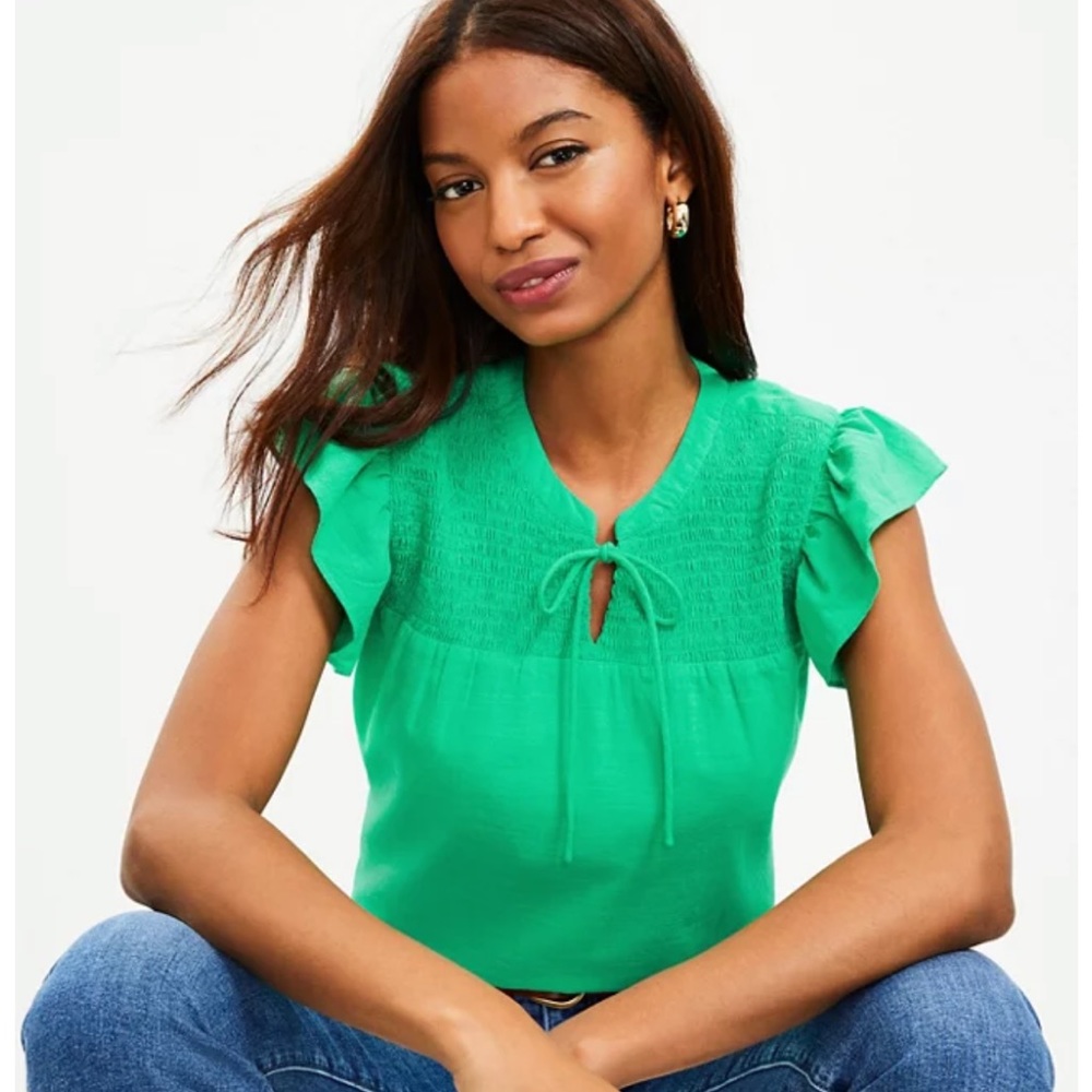 Smocked Ruffle Tie Neck Top